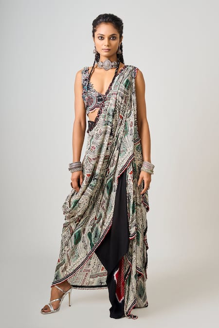 Nupur Kanoi Pre-Draped Abstract Print Bengali Saree With Blouse 