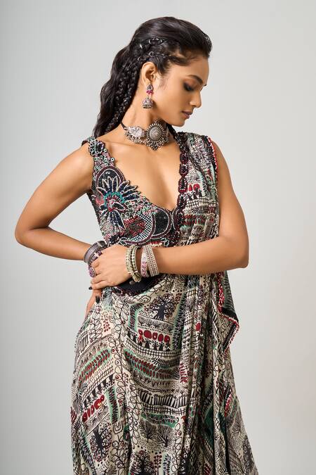 Nupur Kanoi_Off White Crepe Sequins, Pre-draped Abstract Print Bengali Saree With Blouse _Online_at_Aza_Fashions