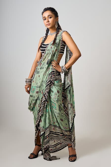 Nupur Kanoi Green Crepe Print Abstract Pre-draped Cowl Saree With Stripe Embroidered Blouse 