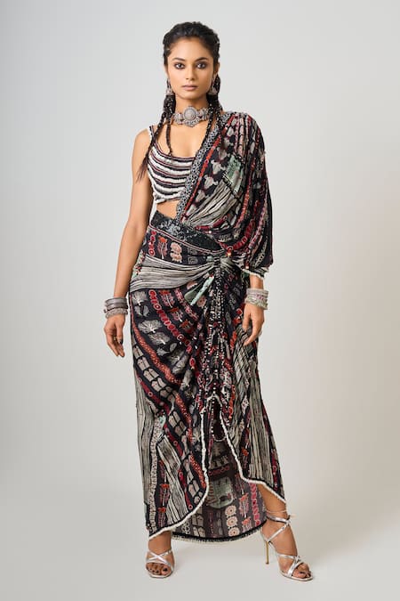 Nupur Kanoi Pre-Draped Abstract Print Drawstring Saree With Blouse 