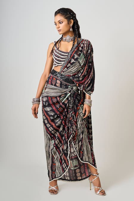 Nupur Kanoi_Black Crepe Sequins, Pre-draped Abstract Print Drawstring Saree With Blouse _Online_at_Aza_Fashions