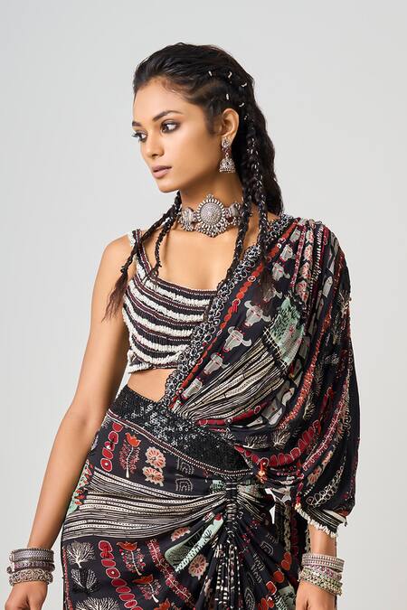 Buy Nupur Kanoi Black Crepe Sequins, Pre-draped Abstract Print Drawstring Saree With Blouse Online at Aza Fashions Buy_Nupur Kanoi_Black Crepe Sequins, Pre-draped Abstract Print Drawstring Saree With Blouse _Online_at_Aza_Fashions
