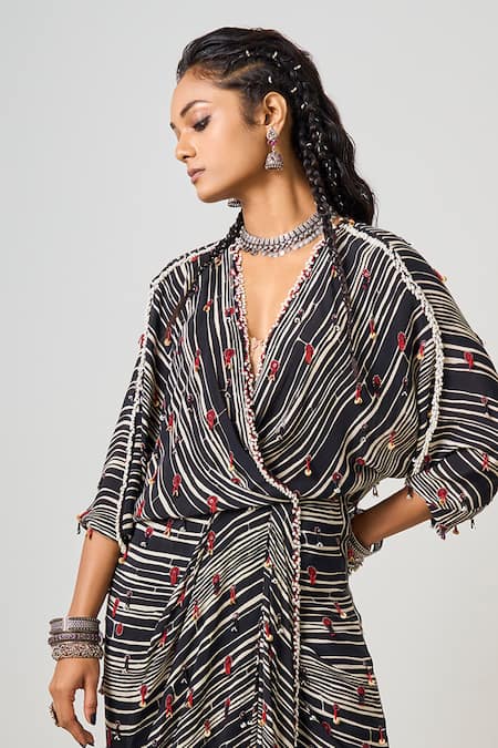 Nupur Kanoi Black Crepe Beads, Sequins V-neck Kk Hand Embroidered Dress Online at Aza Fashions Nupur Kanoi_Black Crepe Beads, Sequins V-neck Kk Hand Embroidered Dress _Online_at_Aza_Fashions