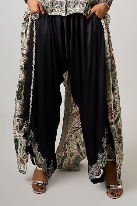 Nupur Kanoi_Off White Satin Beads, Sequins Scoop Abstract Tribal Print Singlet Top With Pant _Online_at_Aza_Fashions