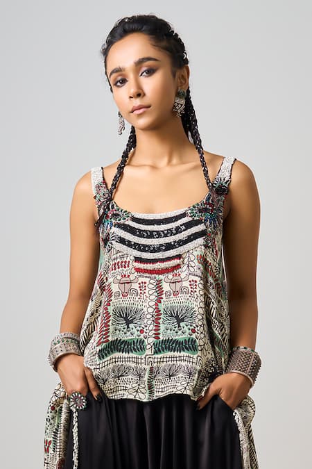 Buy_Nupur Kanoi_Off White Satin Beads, Sequins Scoop Abstract Tribal Print Singlet Top With Pant _Online_at_Aza_Fashions
