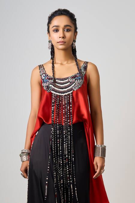 Buy_Nupur Kanoi_Orange Satin Beads, Sequins, Tassels, Embroidery Hand Singlet Top With Pant _Online_at_Aza_Fashions