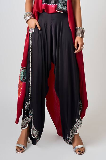 Nupur Kanoi Red Satin Beads, Sequins, Embroidery Square Tie-dye Hand Singlet Top With Pant Online at Aza Fashions Nupur Kanoi_Red Satin Beads, Sequins, Embroidery Square Tie-dye Hand Singlet Top With Pant _Online_at_Aza_Fashions