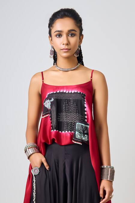 Buy Nupur Kanoi Red Satin Beads, Sequins, Embroidery Square Tie-dye Hand Singlet Top With Pant Online at Aza Fashions Buy_Nupur Kanoi_Red Satin Beads, Sequins, Embroidery Square Tie-dye Hand Singlet Top With Pant _Online_at_Aza_Fashions