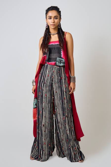 Nupur Kanoi_Red Crepe, Satin Beads, Sequins Square Neck Tie-dye Singlet Top With Pant _Online_at_Aza_Fashions