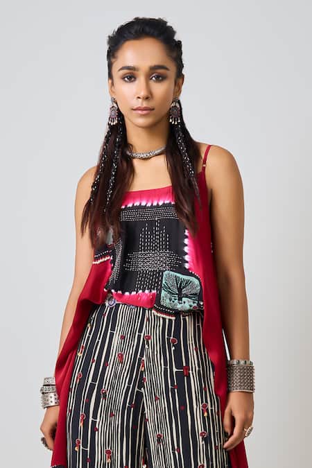 Shop Nupur Kanoi Red Crepe, Satin Beads, Sequins Square Neck Tie-dye Singlet Top With Pant Online at Aza Fashions Shop_Nupur Kanoi_Red Crepe, Satin Beads, Sequins Square Neck Tie-dye Singlet Top With Pant _Online_at_Aza_Fashions