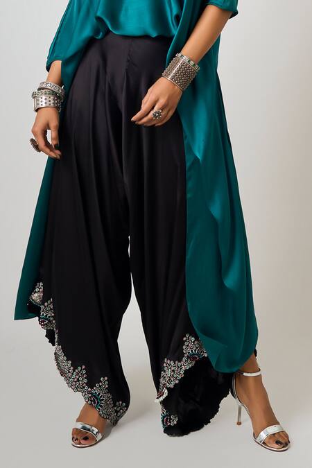 Nupur Kanoi_Blue Silk, Satin Beads, Sequins Hand Embroidered Off Shoulder Top With Pant _Online_at_Aza_Fashions