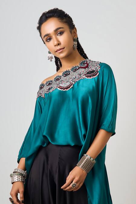 Buy_Nupur Kanoi_Blue Silk, Satin Beads, Sequins Hand Embroidered Off Shoulder Top With Pant _Online_at_Aza_Fashions