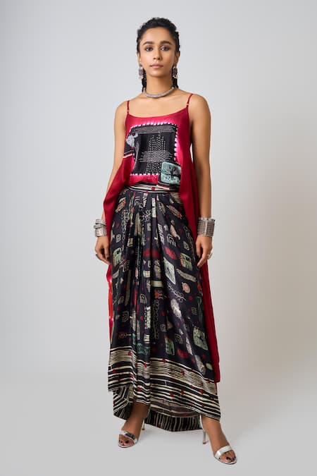 Nupur Kanoi Red Satin Print Kantha Square Tie-dye Hand Embroidered Singlet Top With Skirt 