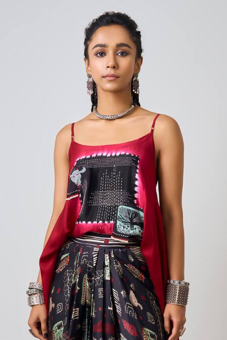 Buy Nupur Kanoi Red Satin Beads, Embroidery Square Neck Tie-dye Hand Singlet Top With Skirt Online at Aza Fashions Buy_Nupur Kanoi_Red Satin Beads, Embroidery Square Neck Tie-dye Hand Singlet Top With Skirt _Online_at_Aza_Fashions