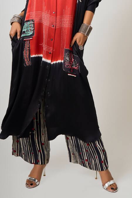 Nupur Kanoi Black Crepe, Satin Embroidery Collared Hand Long Shirt With Pyjama Online at Aza Fashions Nupur Kanoi_Black Crepe, Satin Embroidery Collared Hand Long Shirt With Pyjama _Online_at_Aza_Fashions