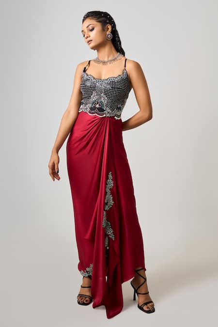 Nupur Kanoi Burgundy Satin Embroidery Kantha Stitch Scoop Neck Hand Bustier Dress 