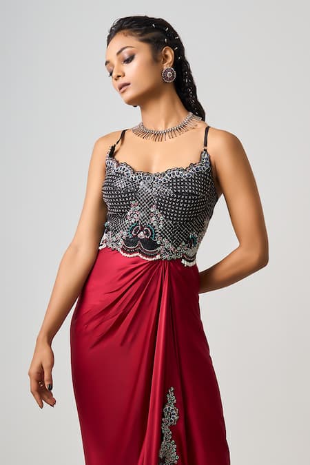 Shop Nupur Kanoi Burgundy Satin Beads, Sequins Scoop Neck Hand Embroidered Bustier Dress at Aza Fashions Shop_Nupur Kanoi_Burgundy Satin Beads, Sequins Scoop Neck Hand Embroidered Bustier Dress _at_Aza_Fashions