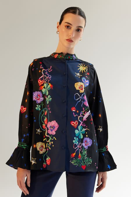 NOIB Blue Cotton Satin Printed Garden Of Eden Mandarin Vega Shirt With Belt 