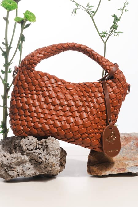 WAGON HORSE Brown Metallic Basket Weave Bag 