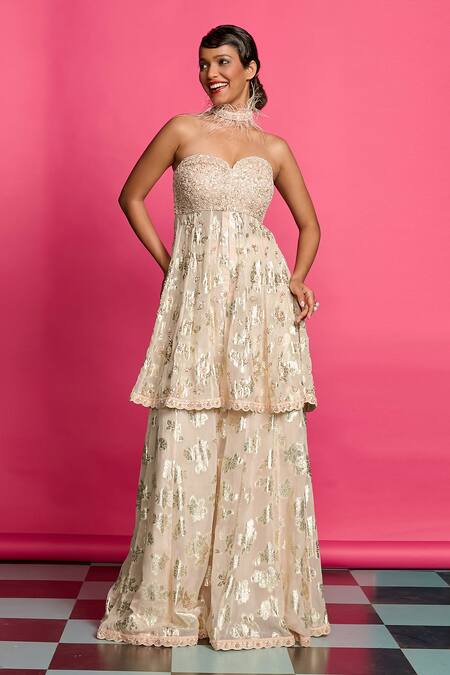 Priyanka Jain Pink Georgette Embroidery, Pearls, Beads Floral Detailed Sharara Set Online at Aza Fashions Priyanka Jain_Pink Georgette Embroidery, Pearls, Beads Floral Detailed Sharara Set _Online_at_Aza_Fashions