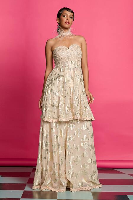 Shop Priyanka Jain Pink Georgette Embroidery, Pearls, Beads Floral Detailed Sharara Set Online at Aza Fashions Shop_Priyanka Jain_Pink Georgette Embroidery, Pearls, Beads Floral Detailed Sharara Set _Online_at_Aza_Fashions