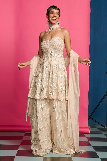 Priyanka Jain Pink Georgette Embroidery, Pearls, Beads Floral Detailed Sharara Set at Aza Fashions Priyanka Jain_Pink Georgette Embroidery, Pearls, Beads Floral Detailed Sharara Set _at_Aza_Fashions