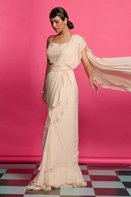 Priyanka Jain Pink Georgette, Linen Pearls, Beads Embroidered Blouse With Pre-draped Saree Online at Aza Fashions Priyanka Jain_Pink Georgette, Linen Pearls, Beads Embroidered Blouse With Pre-draped Saree _Online_at_Aza_Fashions