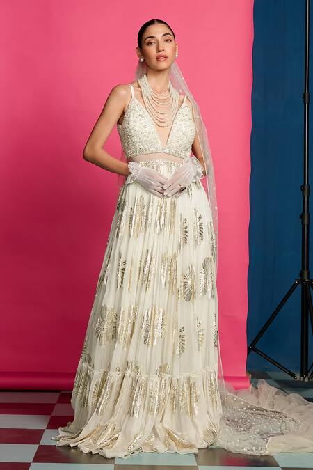 Priyanka Jain_Ivory Georgette, Linen Beads, Pearls Embroidered Yoke Anarkali With Dupatta _Online_at_Aza_Fashions