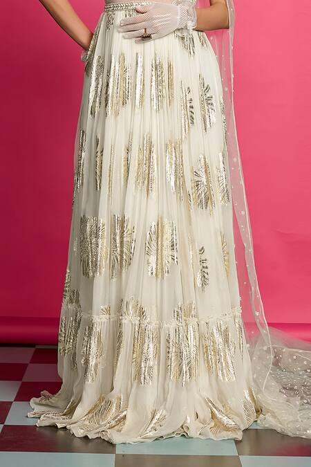 Shop_Priyanka Jain_Ivory Georgette, Linen Beads, Pearls Embroidered Yoke Anarkali With Dupatta _Online_at_Aza_Fashions