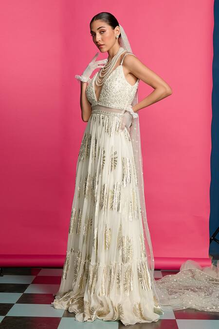 Priyanka Jain_Ivory Georgette, Linen Beads, Pearls Embroidered Yoke Anarkali With Dupatta _at_Aza_Fashions