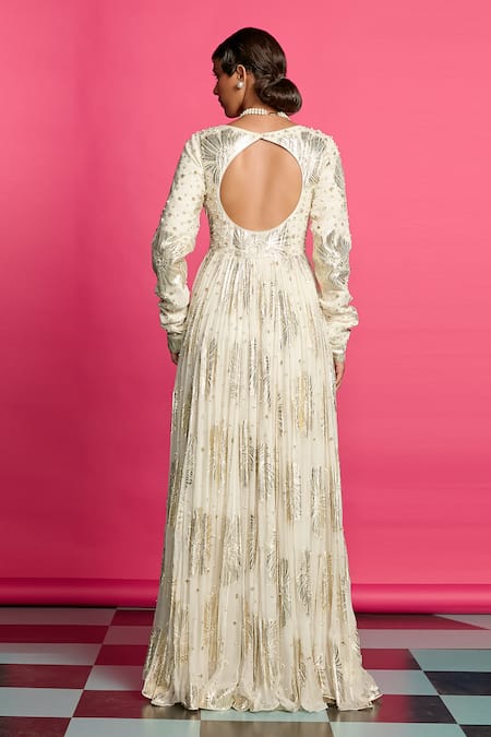 Shop_Priyanka Jain_Ivory Georgette, Linen Pearls, Beads V-neck Embroidered Yoke Anarkali _at_Aza_Fashions