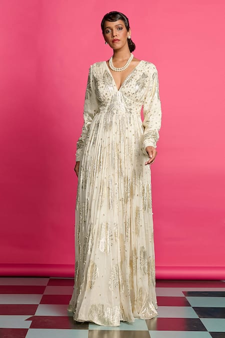 Priyanka Jain_Ivory Georgette, Linen Pearls, Beads V-neck Embroidered Yoke Anarkali _Online_at_Aza_Fashions