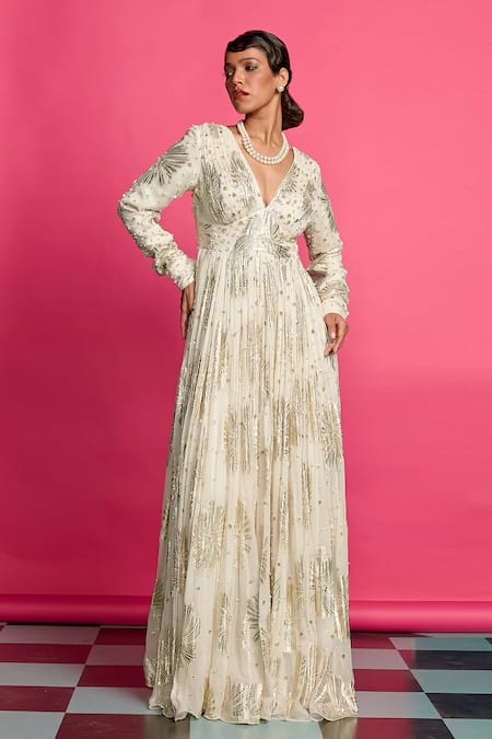 Buy_Priyanka Jain_Ivory Georgette, Linen Pearls, Beads V-neck Embroidered Yoke Anarkali _Online_at_Aza_Fashions