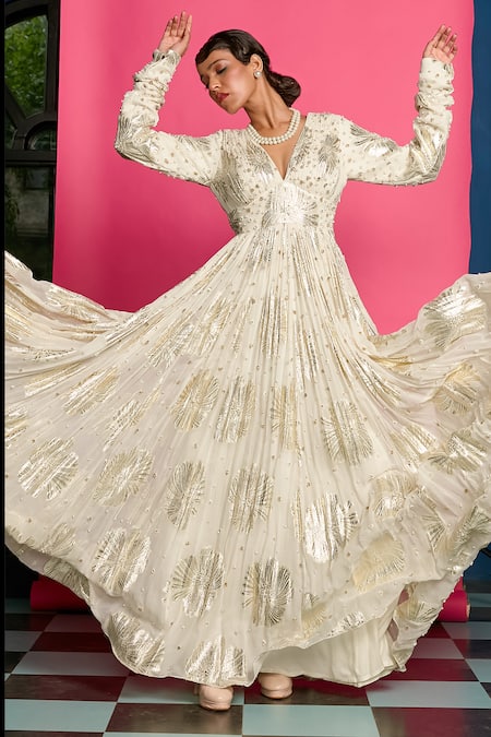 Shop_Priyanka Jain_Ivory Georgette, Linen Pearls, Beads V-neck Embroidered Yoke Anarkali _Online_at_Aza_Fashions