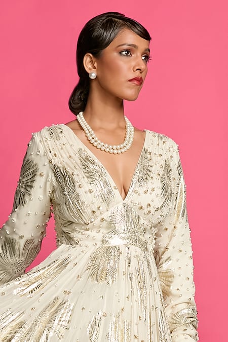 Priyanka Jain_Ivory Georgette, Linen Pearls, Beads V-neck Embroidered Yoke Anarkali _at_Aza_Fashions