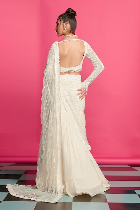 Shop Priyanka Jain Ivory Crepe, Net Beads, Astron Bloom Embroidered Pre Draped Lehenga Saree Set at Aza Fashions Shop_Priyanka Jain_Ivory Crepe, Net Beads, Astron Bloom Embroidered Pre Draped Lehenga Saree Set_at_Aza_Fashions
