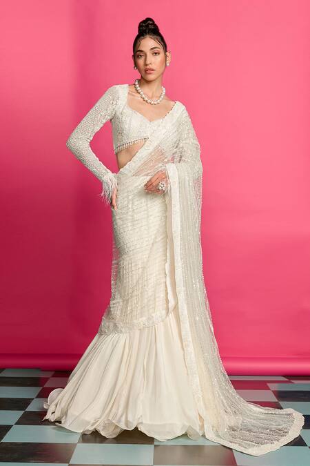 Priyanka Jain Ivory Crepe, Net Beads, Astron Bloom Embroidered Pre Draped Lehenga Saree Set Online at Aza Fashions Priyanka Jain_Ivory Crepe, Net Beads, Astron Bloom Embroidered Pre Draped Lehenga Saree Set_Online_at_Aza_Fashions