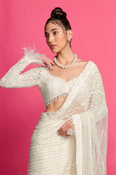 Buy Priyanka Jain Ivory Crepe, Net Beads, Astron Bloom Embroidered Pre Draped Lehenga Saree Set Online at Aza Fashions Buy_Priyanka Jain_Ivory Crepe, Net Beads, Astron Bloom Embroidered Pre Draped Lehenga Saree Set_Online_at_Aza_Fashions