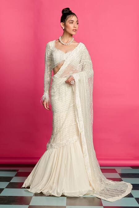 Shop Priyanka Jain Ivory Crepe, Net Beads, Astron Bloom Embroidered Pre Draped Lehenga Saree Set Online at Aza Fashions Shop_Priyanka Jain_Ivory Crepe, Net Beads, Astron Bloom Embroidered Pre Draped Lehenga Saree Set_Online_at_Aza_Fashions