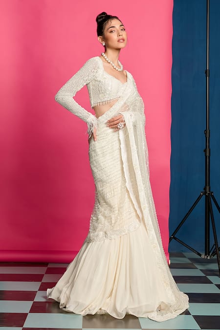 Priyanka Jain Ivory Crepe, Net Beads, Astron Bloom Embroidered Pre Draped Lehenga Saree Set at Aza Fashions Priyanka Jain_Ivory Crepe, Net Beads, Astron Bloom Embroidered Pre Draped Lehenga Saree Set_at_Aza_Fashions