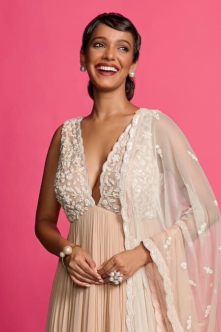 Priyanka Jain_Beige Georgette Pearls, Beads Garden Embroidered Ombre Anarkali With Dupatta _Online_at_Aza_Fashions