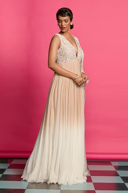 Buy_Priyanka Jain_Beige Georgette Pearls, Beads Garden Embroidered Ombre Anarkali With Dupatta _Online_at_Aza_Fashions