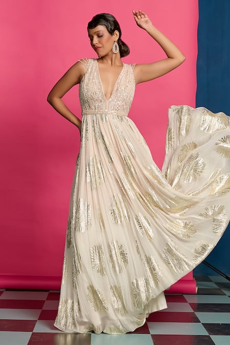 Buy_Priyanka Jain_Peach Georgette, Linen Sequins, Beads, Foil Floral Shimmer Ombre Anarkali Gown _Online_at_Aza_Fashions