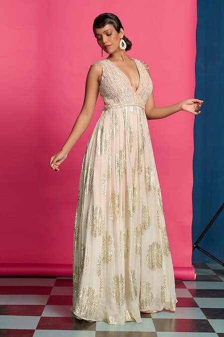 Shop_Priyanka Jain_Peach Georgette, Linen Sequins, Beads, Foil Floral Shimmer Ombre Anarkali Gown _Online_at_Aza_Fashions