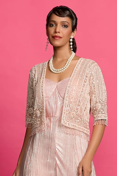 Priyanka Jain_Peach Crepe Sequins, Beads, Shimmer Jumpsuit With An Embroidered Crop Jacket _Online_at_Aza_Fashions