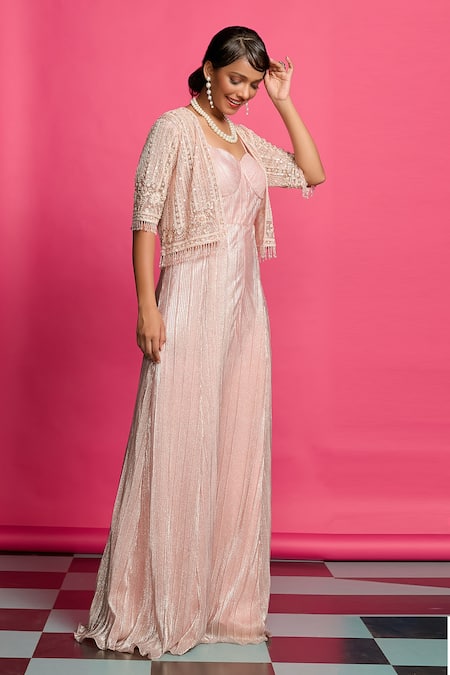 Buy_Priyanka Jain_Peach Crepe Sequins, Beads, Shimmer Jumpsuit With An Embroidered Crop Jacket _Online_at_Aza_Fashions