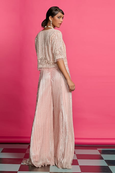 Shop_Priyanka Jain_Peach Crepe Sequins, Beads, Shimmer Jumpsuit With An Embroidered Crop Jacket _Online_at_Aza_Fashions