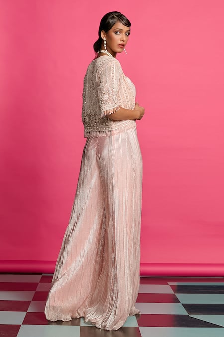 Priyanka Jain_Peach Crepe Sequins, Beads, Shimmer Jumpsuit With An Embroidered Crop Jacket _at_Aza_Fashions