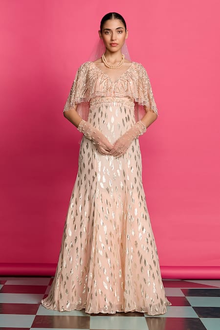 Priyanka Jain Peach Georgette Embroidered Sequin Plunge-v Shimmer Gown 