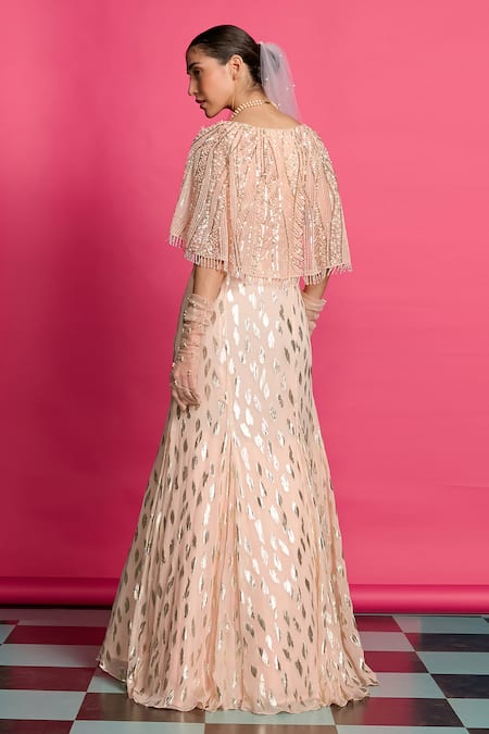 Priyanka Jain Peach Georgette Sequins, Beads Plunge Neck Shimmer Embroidered Gown Online at Aza Fashions Priyanka Jain_Peach Georgette Sequins, Beads Plunge Neck Shimmer Embroidered Gown _Online_at_Aza_Fashions